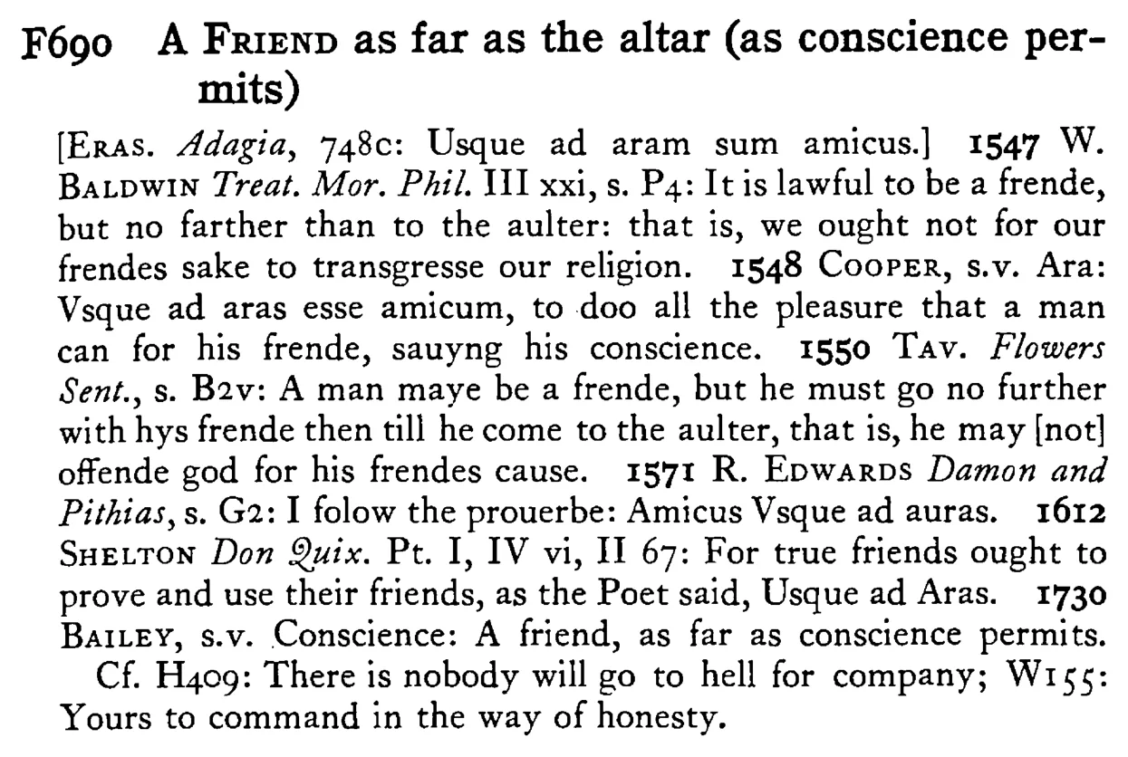 A FRIEND as far as the altar (as conscience permits) - a scanned entry from Tilley's 1950 Dictionary of Proverbs.