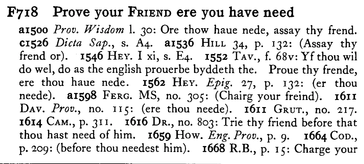 Prove your FRIEND ere you have need - a scanned entry from Tilley's 1950 Dictionary of Proverbs.