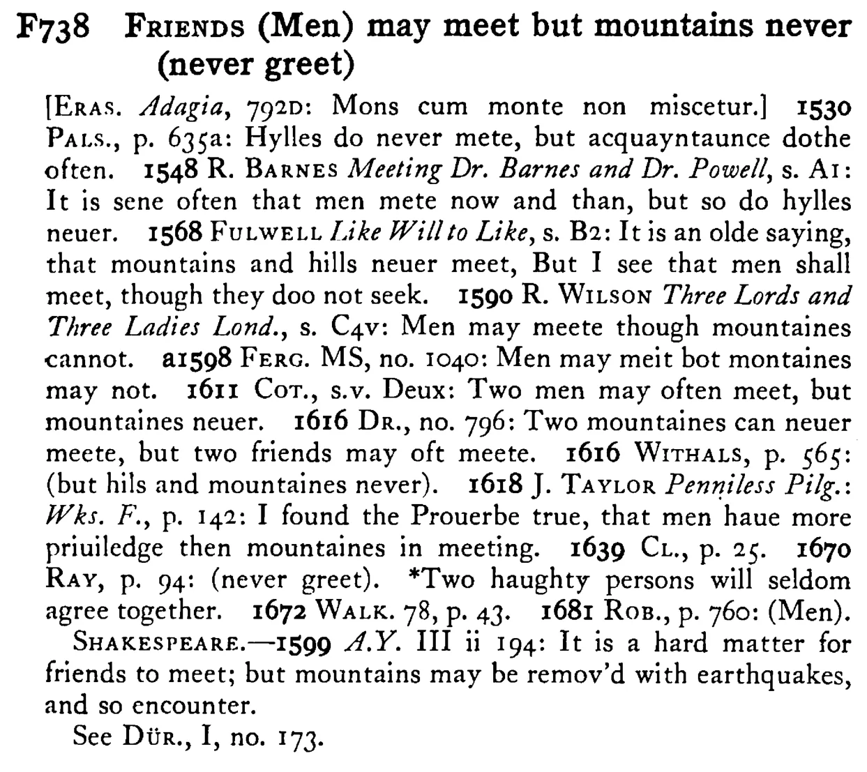 FRIENDS (Men) may meet but mountains never (never greet) - a scanned entry from Tilley's 1950 Dictionary of Proverbs.