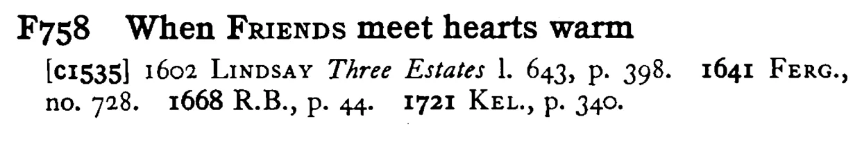 When FRIENDS meet hearts warm - a scanned entry from Tilley's 1950 Dictionary of Proverbs.