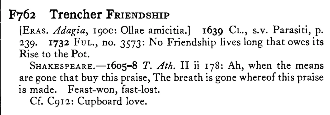 Trencher FRIENDSHIP - a scanned entry from Tilley's 1950 Dictionary of Proverbs.