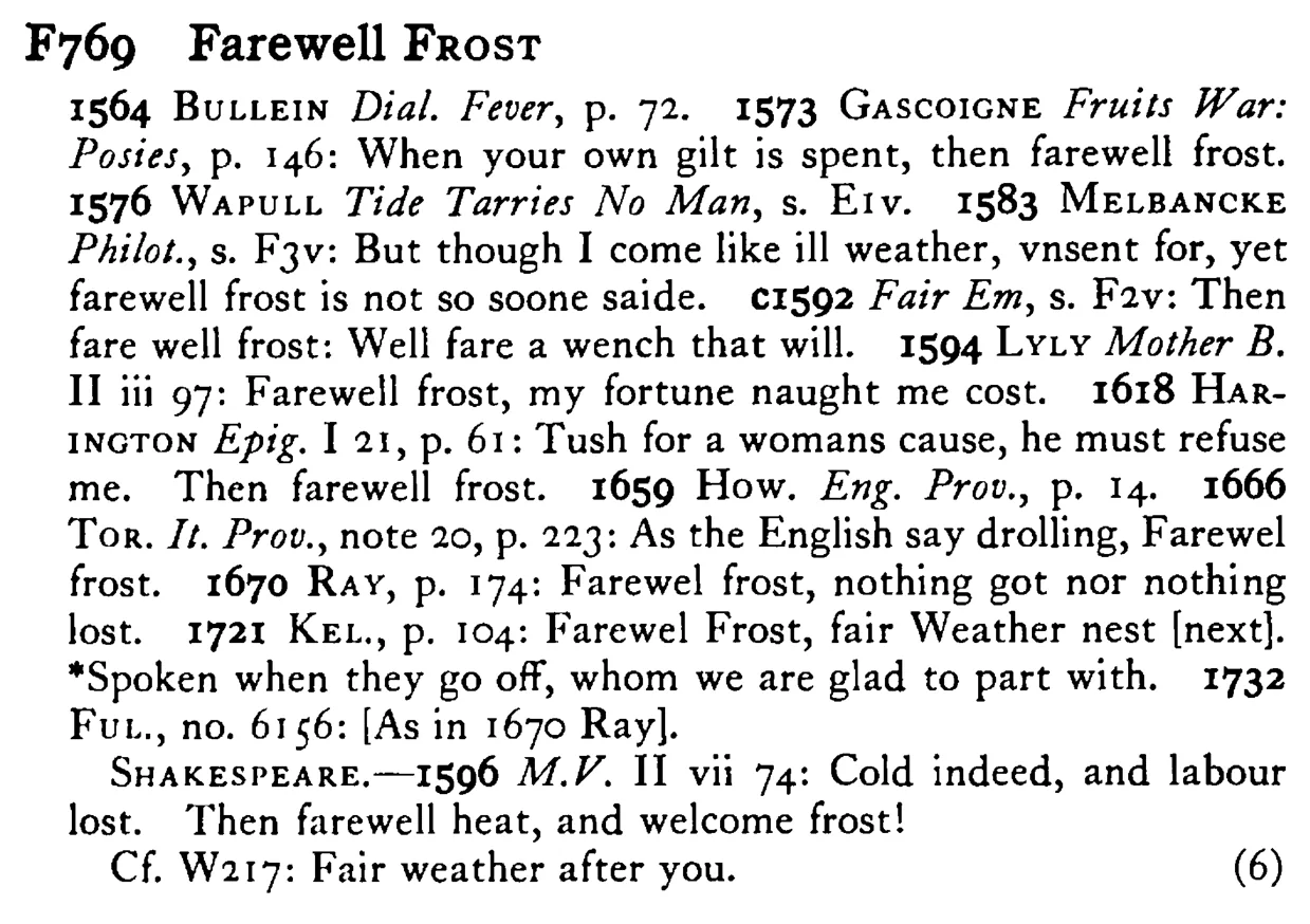 Farewell FROST - a scanned entry from Tilley's 1950 Dictionary of Proverbs.