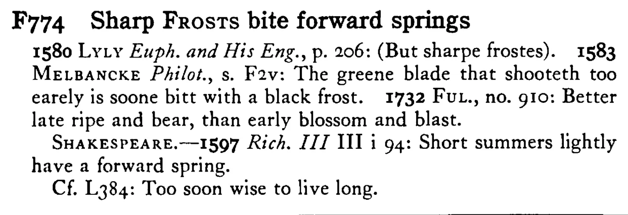 Sharp FROSTS bite forward springs - a scanned entry from Tilley's 1950 Dictionary of Proverbs.