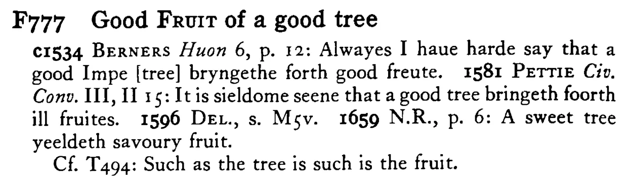 Good FRUIT of a good tree - a scanned entry from Tilley's 1950 Dictionary of Proverbs.