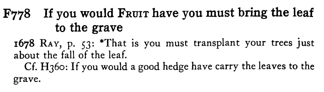 If you would FRUIT have you must bring the leaf to the grave - a scanned entry from Tilley's 1950 Dictionary of Proverbs.