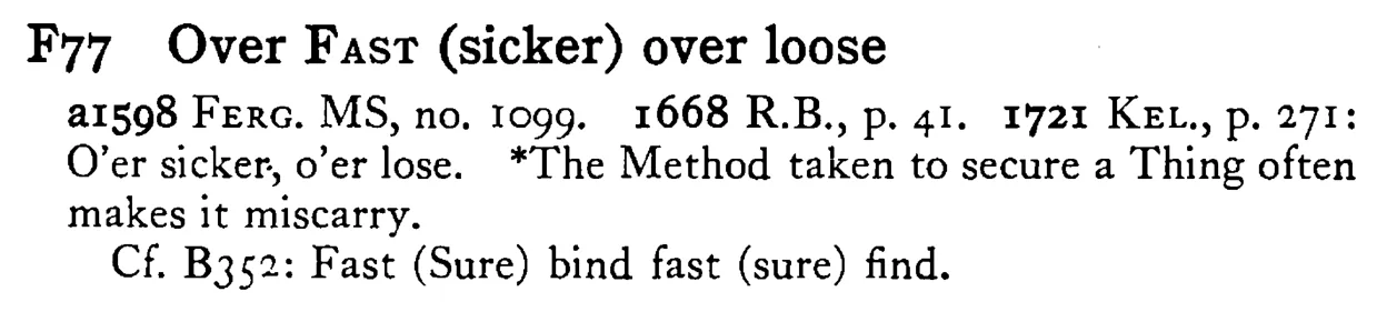 Over FAST (sicker) over loose - a scanned entry from Tilley's 1950 Dictionary of Proverbs.