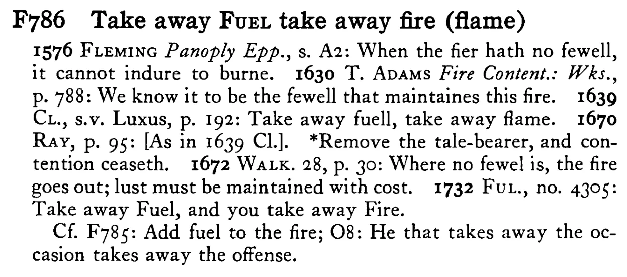 Take away FUEL take away fire (flame) - a scanned entry from Tilley's 1950 Dictionary of Proverbs.