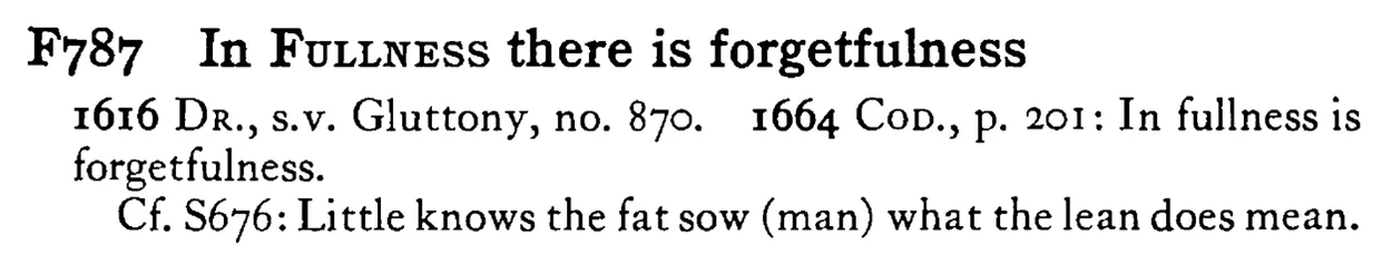 In FULLNESS there is forgetfulness - a scanned entry from Tilley's 1950 Dictionary of Proverbs.