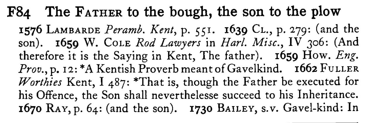 The FATHER to the bough, the son to the plow - a scanned entry from Tilley's 1950 Dictionary of Proverbs.