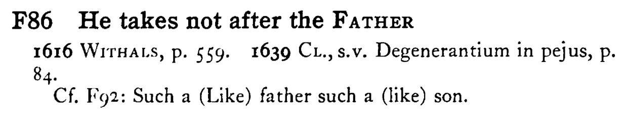 He takes not after the FATHER - a scanned entry from Tilley's 1950 Dictionary of Proverbs.