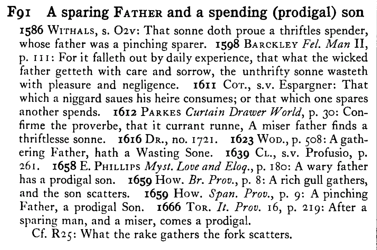 A sparing FATHER and a spending (prodigal) son - a scanned entry from Tilley's 1950 Dictionary of Proverbs.