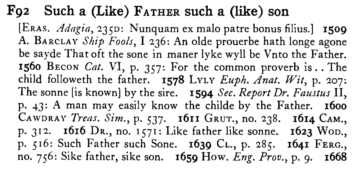 Such a (Like) FATHER such a (like) son - a scanned entry from Tilley's 1950 Dictionary of Proverbs.