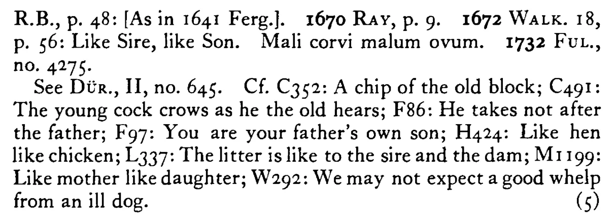 Such a (Like) FATHER such a (like) son - a scanned entry from Tilley's 1950 Dictionary of Proverbs. (continuation)