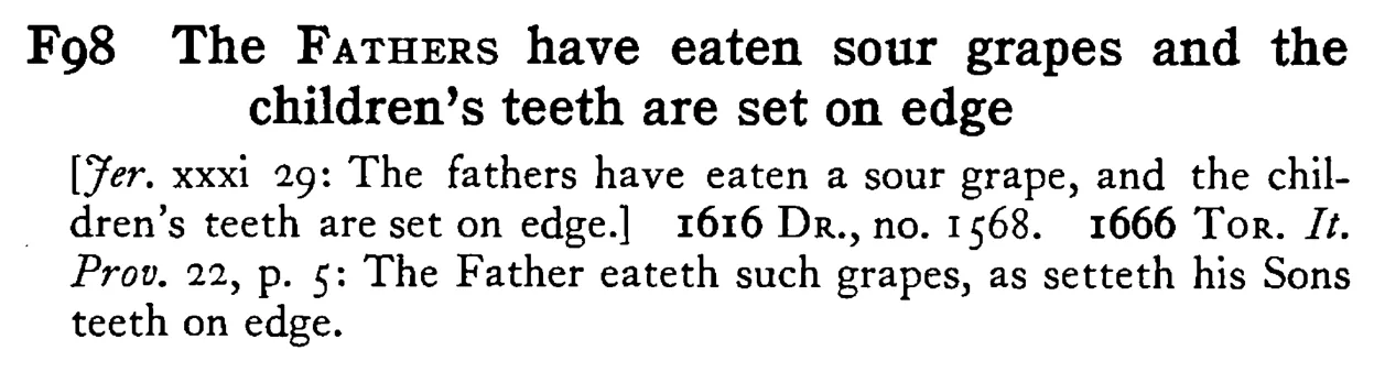 The FATHERS have eaten sour grapes and the children's teeth are set on edge - a scanned entry from Tilley's 1950 Dictionary of Proverbs.