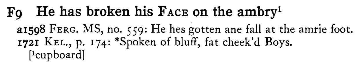 He has broken his FACE on the ambry¹ - a scanned entry from Tilley's 1950 Dictionary of Proverbs.