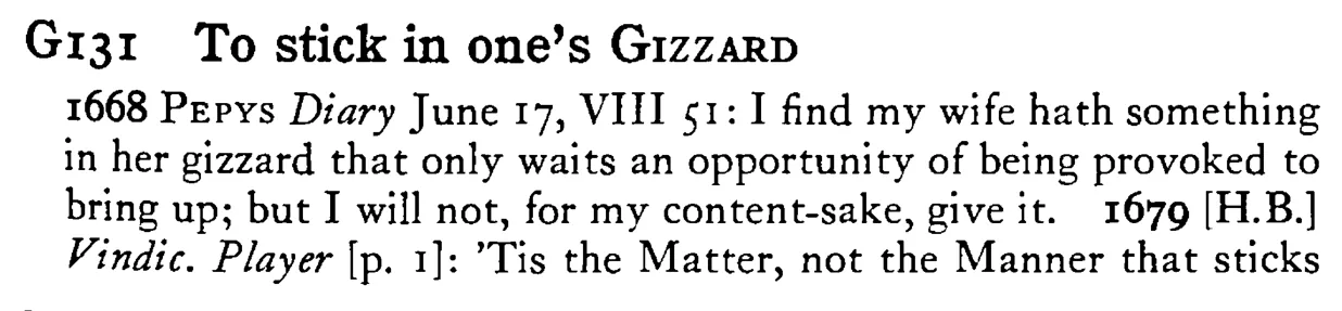 To stick in one's GIZZARD - a scanned entry from Tilley's 1950 Dictionary of Proverbs.