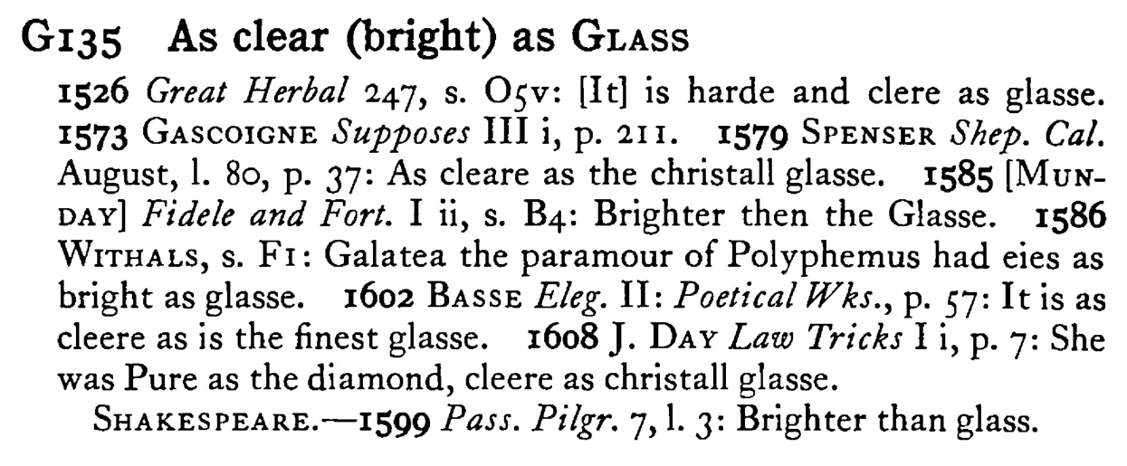 As clear (bright) as GLASS - a scanned entry from Tilley's 1950 Dictionary of Proverbs.