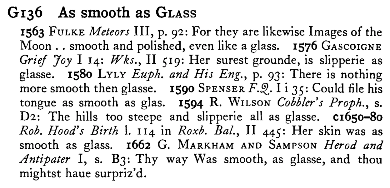 As smooth as GLASS - a scanned entry from Tilley's 1950 Dictionary of Proverbs.