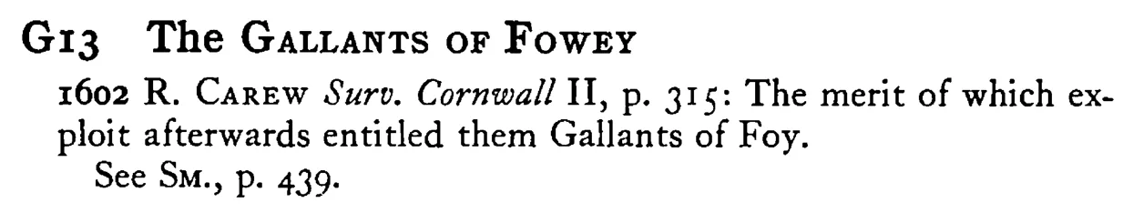 The GALLANTS OF FOWEY - a scanned entry from Tilley's 1950 Dictionary of Proverbs.