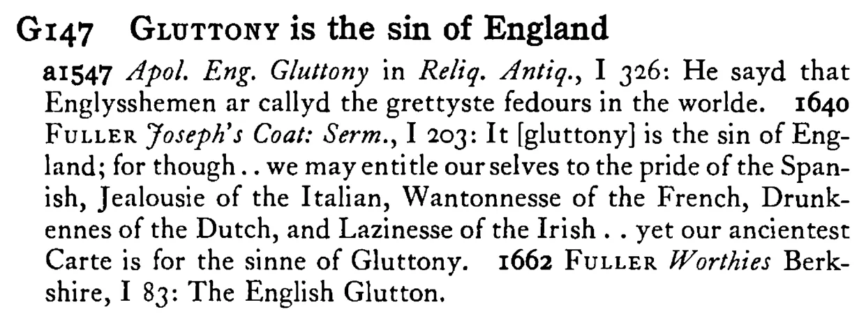 GLUTTONY is the sin of England - a scanned entry from Tilley's 1950 Dictionary of Proverbs.