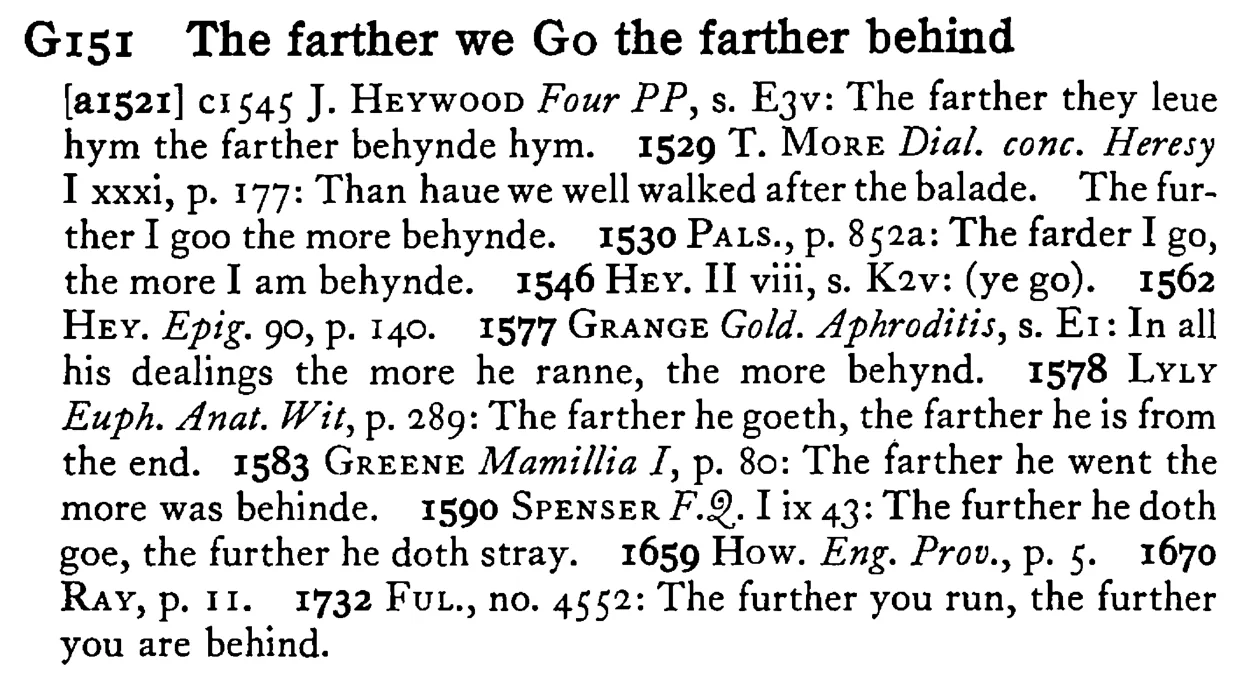 The farther we GO the farther behind - a scanned entry from Tilley's 1950 Dictionary of Proverbs.