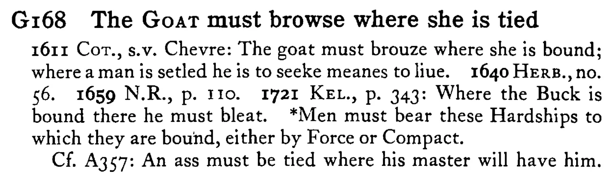 The GOAT must browse where she is tied - a scanned entry from Tilley's 1950 Dictionary of Proverbs.