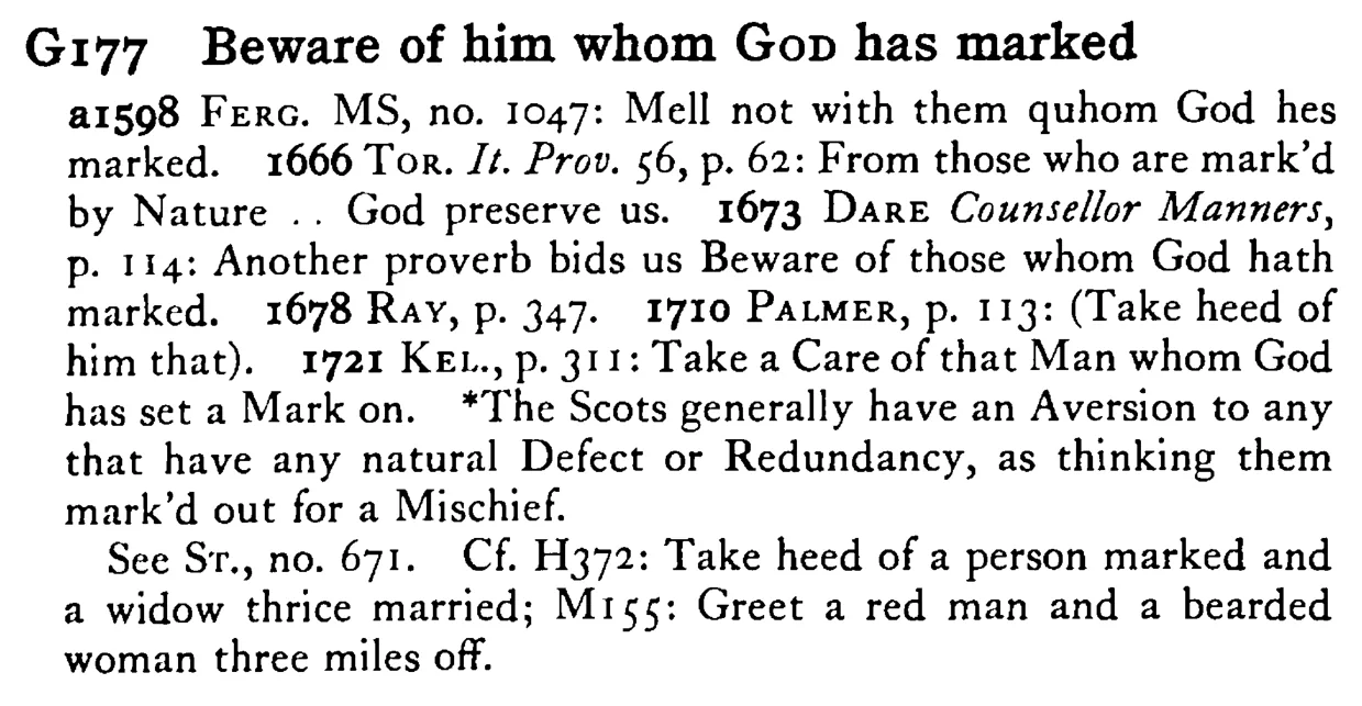 Beware of him whom GOD has marked - a scanned entry from Tilley's 1950 Dictionary of Proverbs.