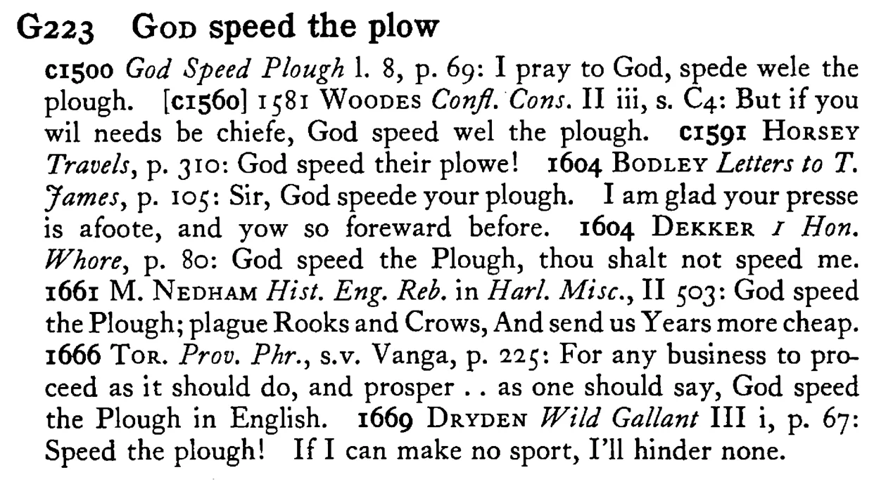 GOD speed the plow - a scanned entry from Tilley's 1950 Dictionary of Proverbs.