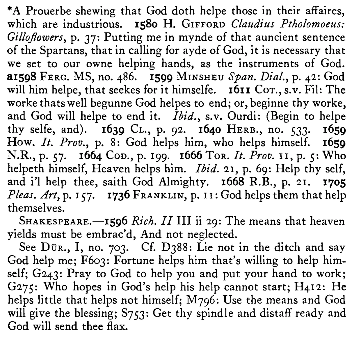 Help thyself and GOD will help thee - a scanned entry from Tilley's 1950 Dictionary of Proverbs. (continuation)