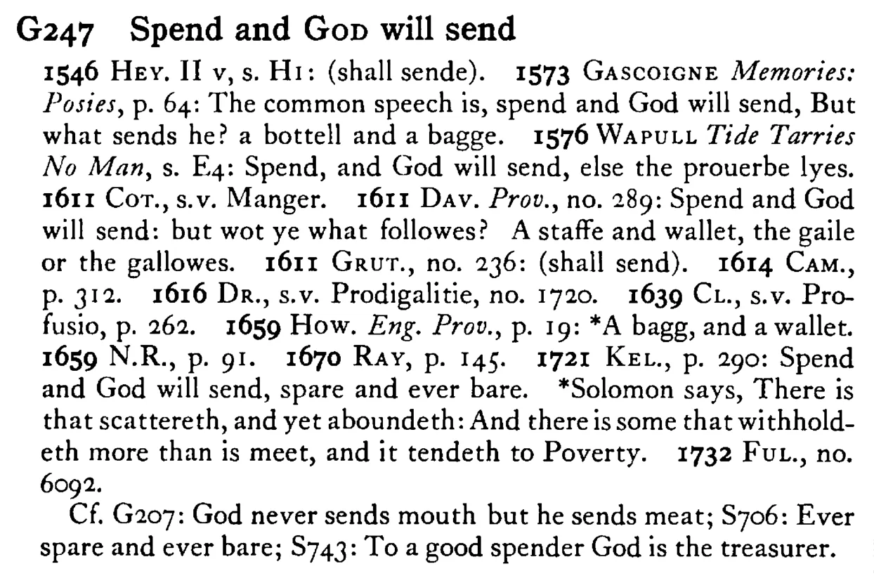 Spend and GOD will send - a scanned entry from Tilley's 1950 Dictionary of Proverbs.