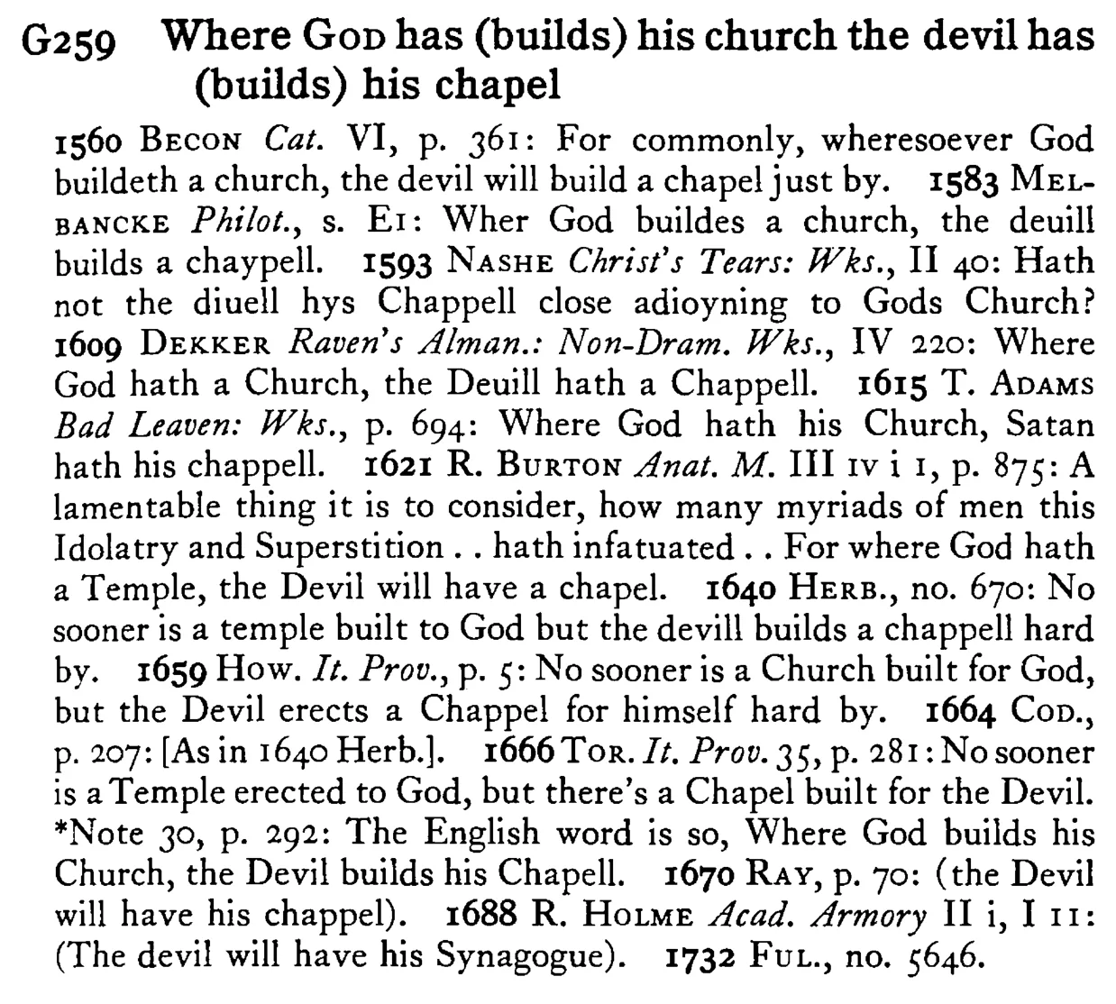 Where GOD has (builds) his church the devil has (builds) his chapel - a scanned entry from Tilley's 1950 Dictionary of Proverbs.