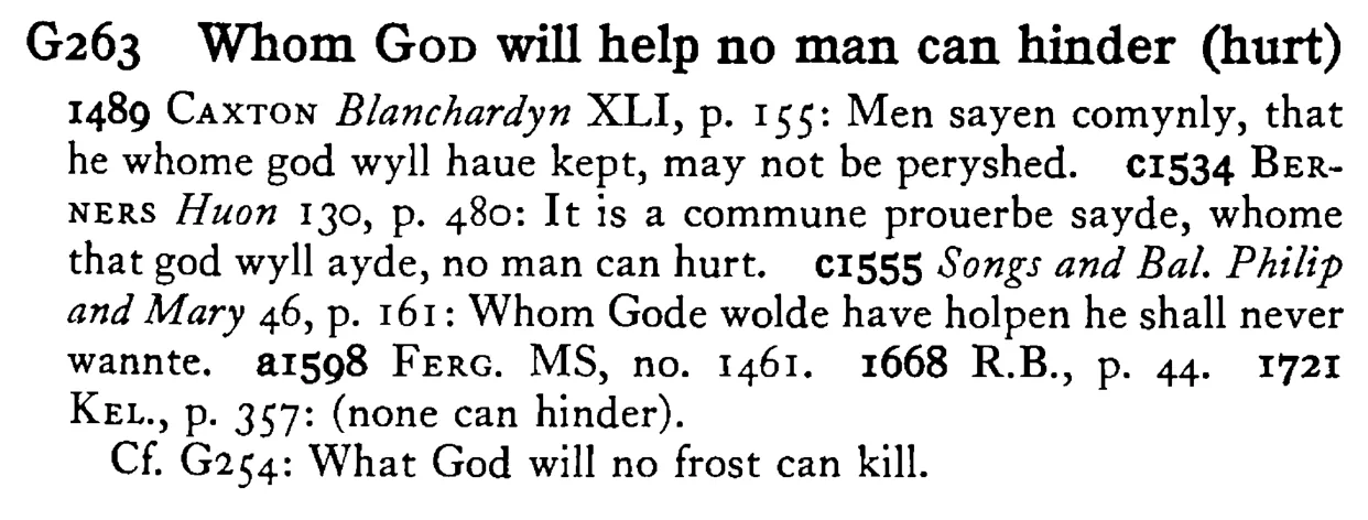 Whom GOD will help no man can hinder (hurt) - a scanned entry from Tilley's 1950 Dictionary of Proverbs.