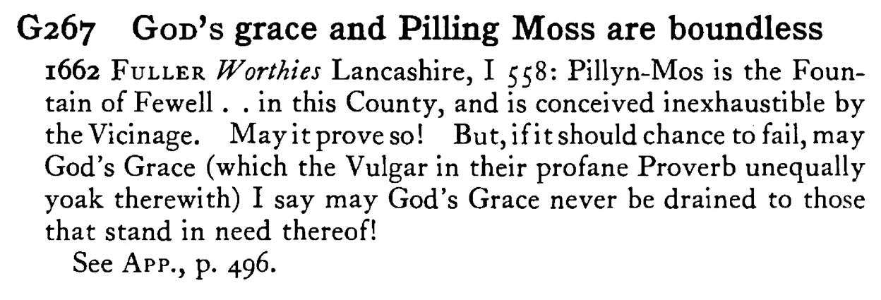 GOD's grace and Pilling Moss are boundless - a scanned entry from Tilley's 1950 Dictionary of Proverbs.