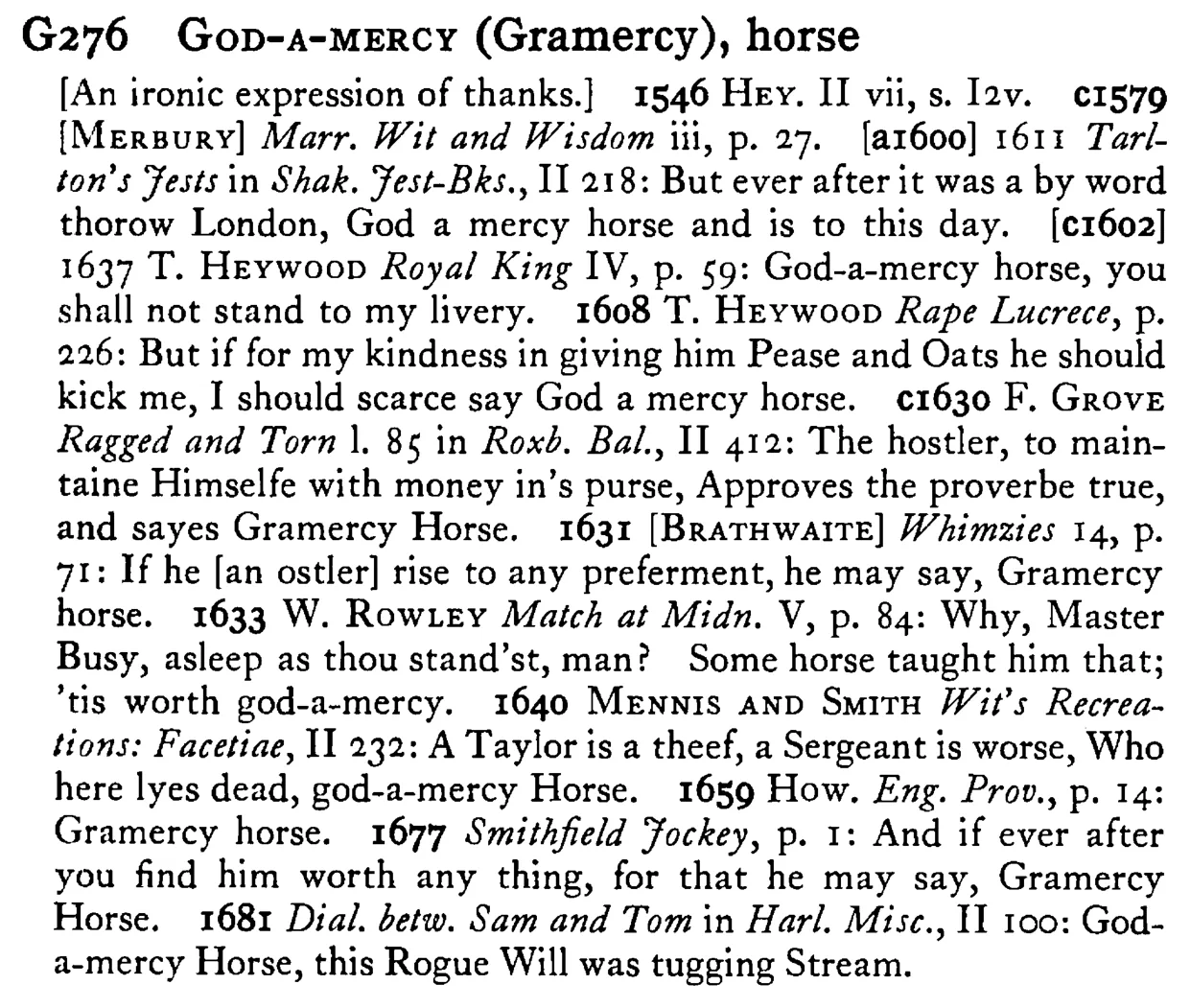 GOD-A-MERCY (Gramercy), horse - a scanned entry from Tilley's 1950 Dictionary of Proverbs.