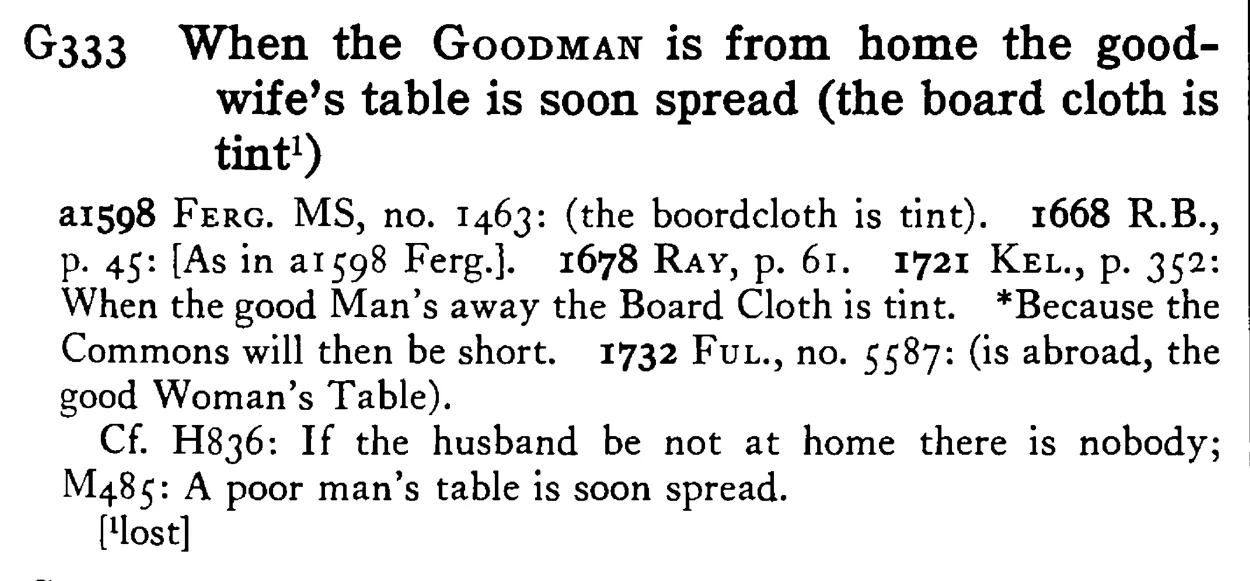 When the GOODMAN is from home the goodwife's table is soon spread (the board cloth is tint¹) - a scanned entry from Tilley's 1950 Dictionary of Proverbs.