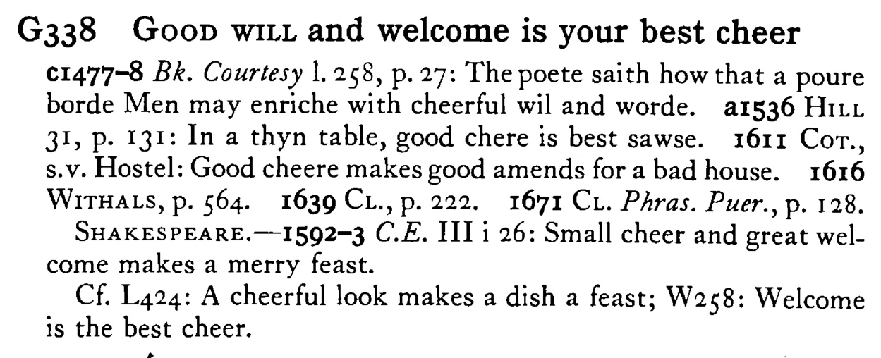 GOOD WILL and welcome is your best cheer - a scanned entry from Tilley's 1950 Dictionary of Proverbs.