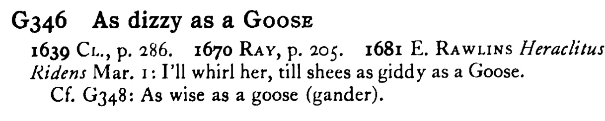 As dizzy as a GOOSE - a scanned entry from Tilley's 1950 Dictionary of Proverbs.