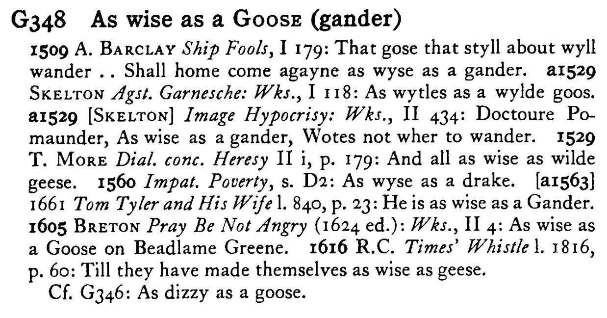 As wise as a GOOSE (gander) - a scanned entry from Tilley's 1950 Dictionary of Proverbs.