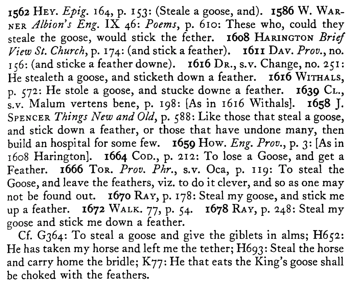 To steal a GOOSE and stick down a feather - a scanned entry from Tilley's 1950 Dictionary of Proverbs. (continuation)