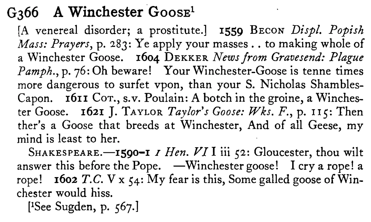 A Winchester GOOSE - a scanned entry from Tilley's 1950 Dictionary of Proverbs.