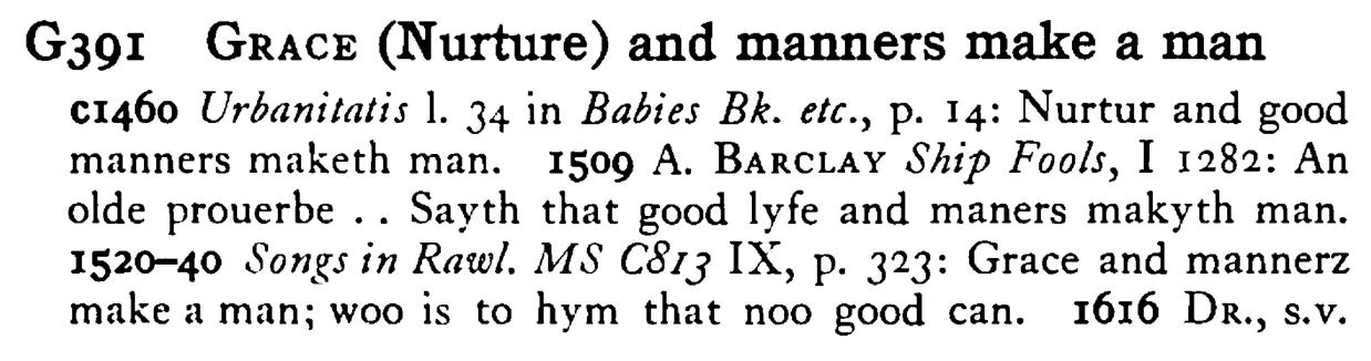 GRACE (Nurture) and manners make a man - a scanned entry from Tilley's 1950 Dictionary of Proverbs.