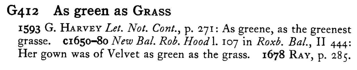 As green as GRASS - a scanned entry from Tilley's 1950 Dictionary of Proverbs.