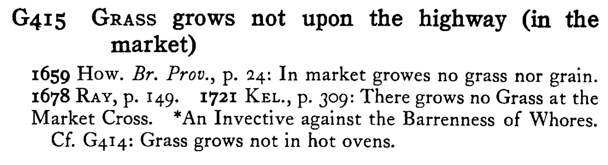 GRASS grows not upon the highway (in the market) - a scanned entry from Tilley's 1950 Dictionary of Proverbs.