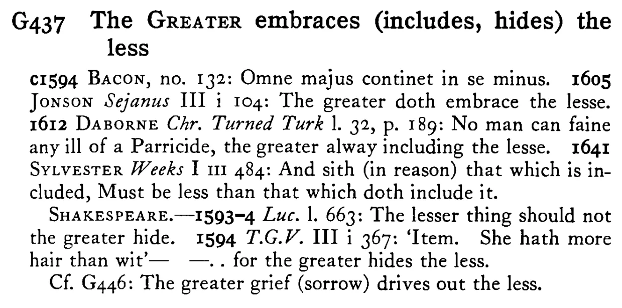 The GREATER embraces (includes, hides) the less - a scanned entry from Tilley's 1950 Dictionary of Proverbs.
