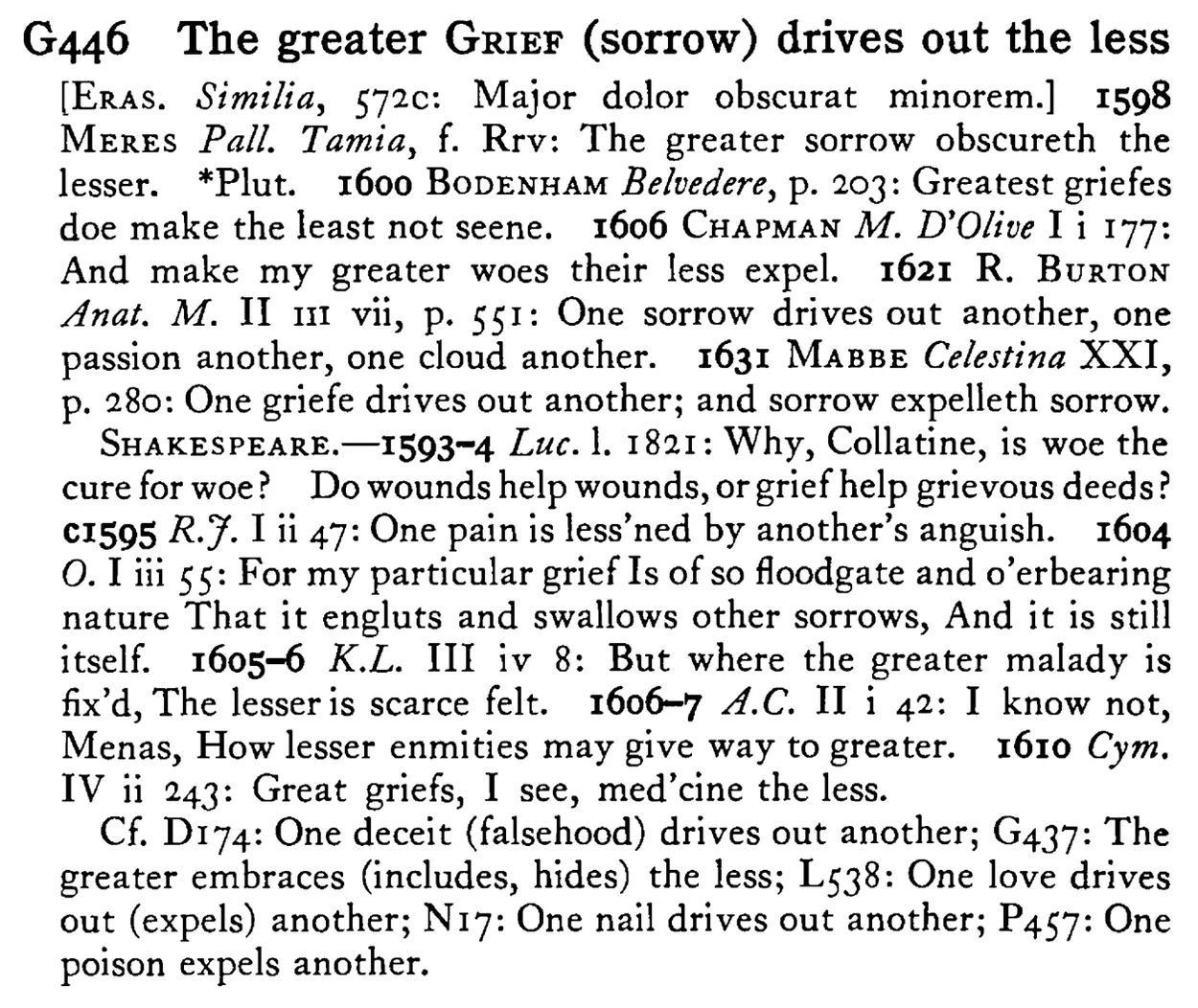 The greater GRIEF (sorrow) drives out the less - a scanned entry from Tilley's 1950 Dictionary of Proverbs.