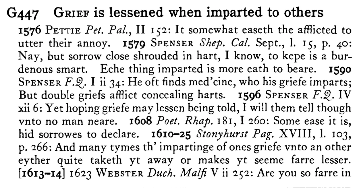 GRIEF is lessened when imparted to others - a scanned entry from Tilley's 1950 Dictionary of Proverbs.