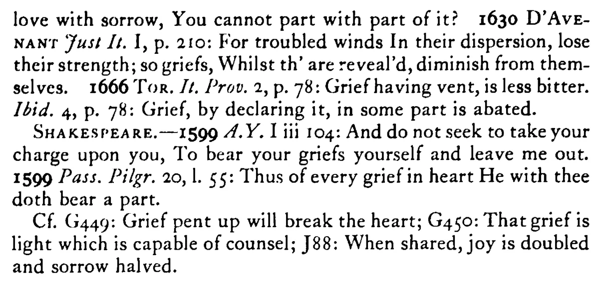 GRIEF is lessened when imparted to others - a scanned entry from Tilley's 1950 Dictionary of Proverbs. (continuation)