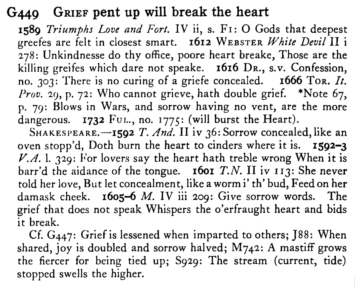 GRIEF pent up will break the heart - a scanned entry from Tilley's 1950 Dictionary of Proverbs.