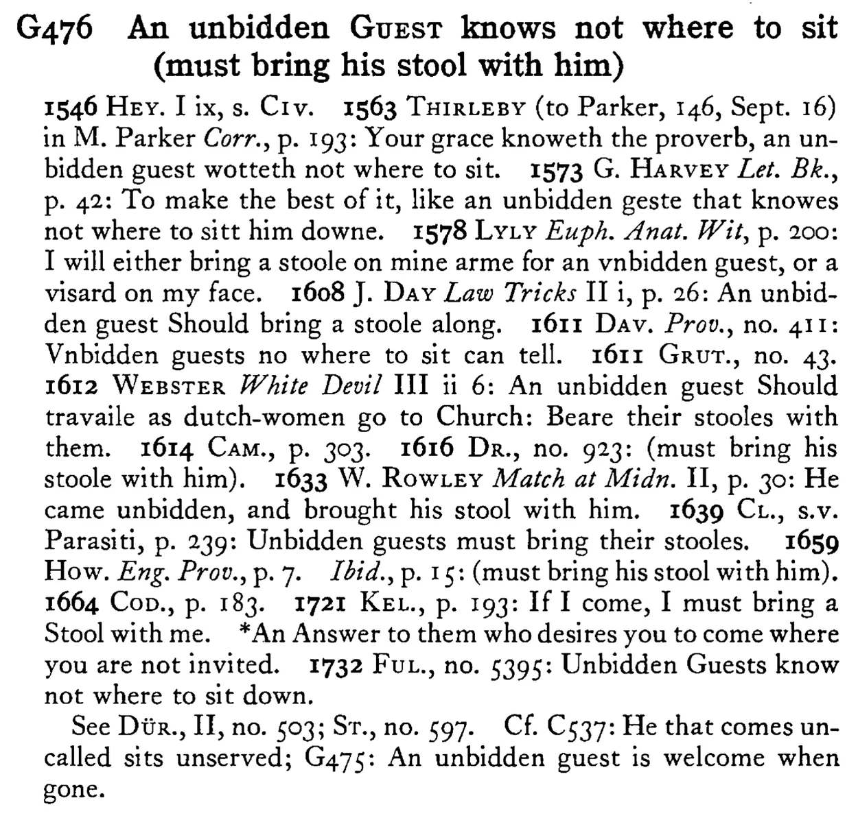 An unbidden GUEST knows not where to sit (must bring his stool with him) - a scanned entry from Tilley's 1950 Dictionary of Proverbs.