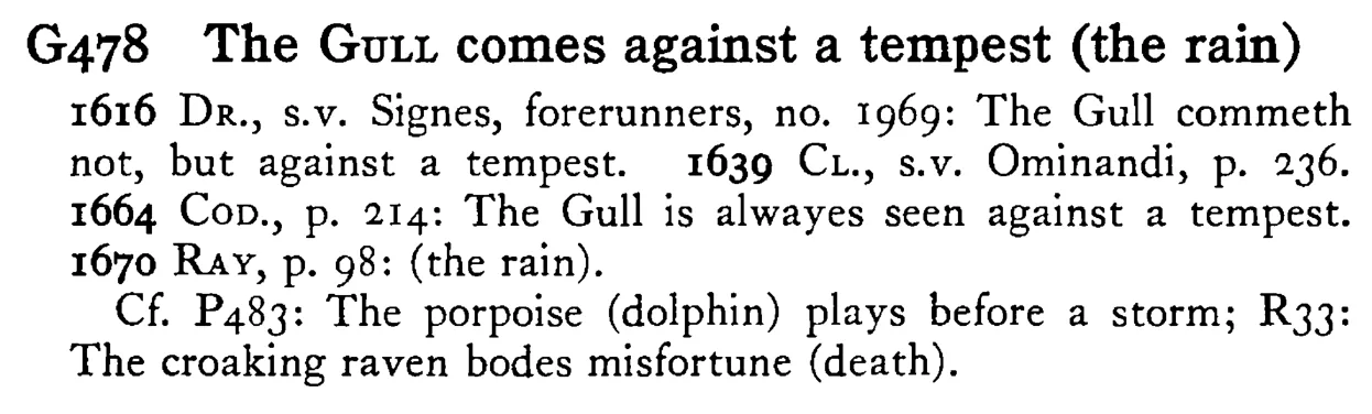 The GULL comes against a tempest (the rain) - a scanned entry from Tilley's 1950 Dictionary of Proverbs.